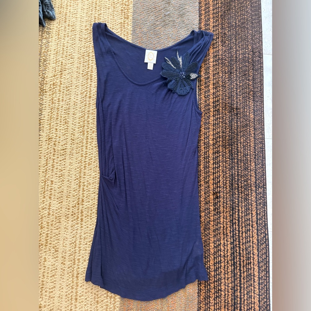 Anthropologie Navy Sleeveless Tank with Floral Shoulder Applique